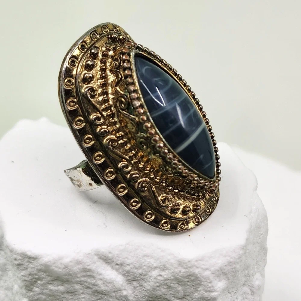 Vintage Large Blue Banded Agate Cabochon Statement Ring Ornate Gold Tone Boho